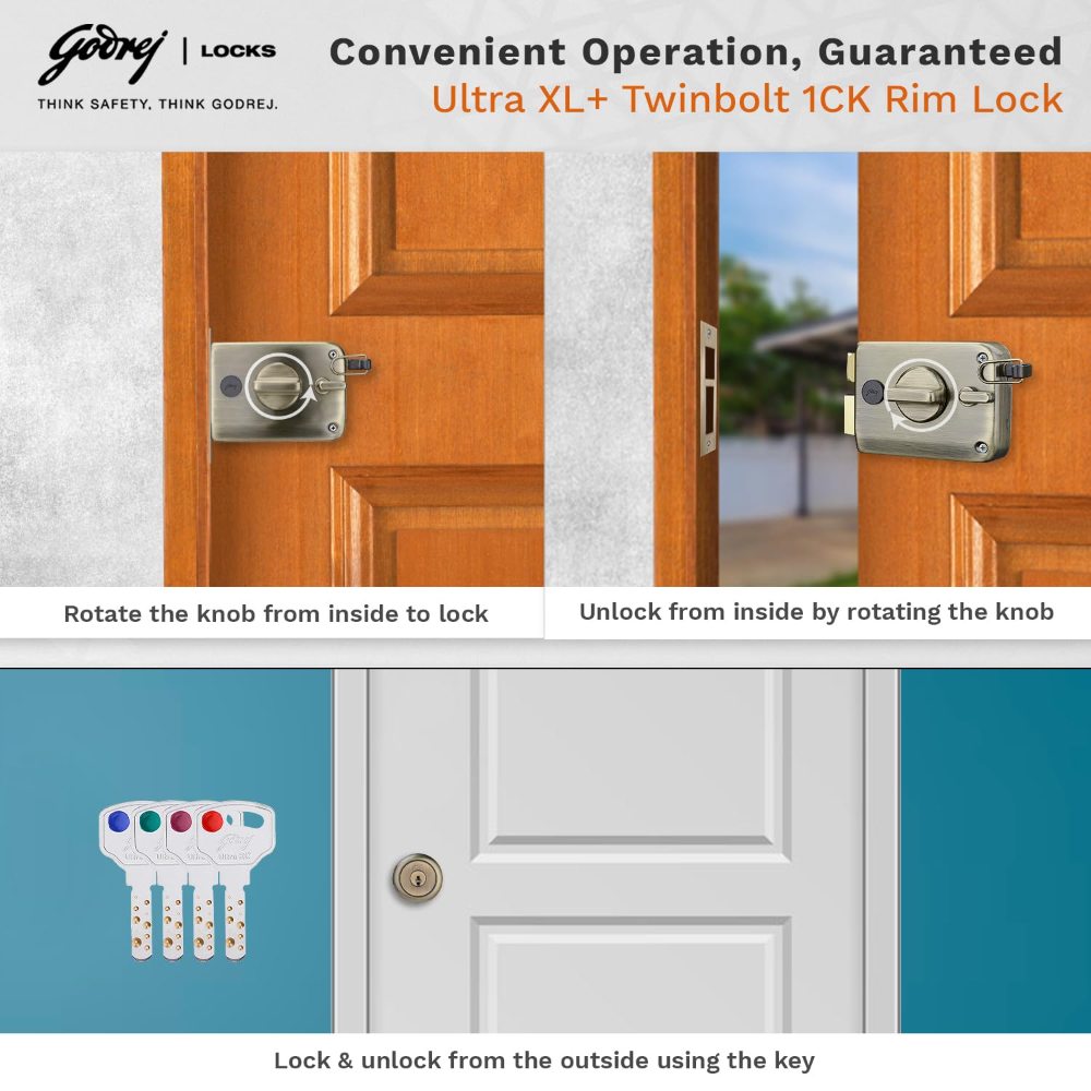 Godrej Rim Lock I Twinbolt Ultra XL plus I 1CK Latchbolt I For Outside Opening Door l LeftorRight Handed Doors I 4 Keys I 5-Year Warranty I Automatic Locking l Antique Copper Finish
